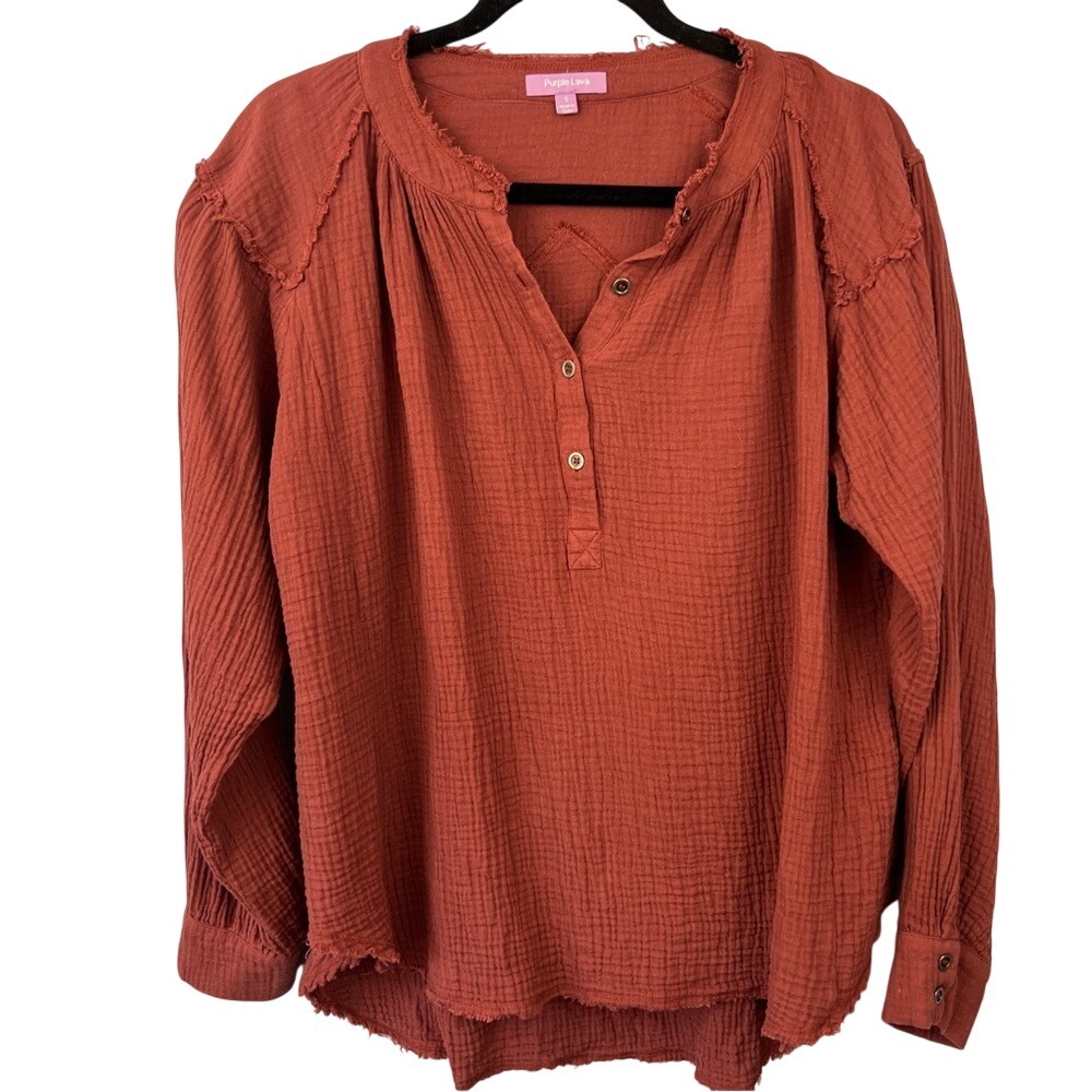 Purple Lava Gauzy Oversized Henley Top SZ S Raw‎ Seam Deep Mauve Boho Lagenlook